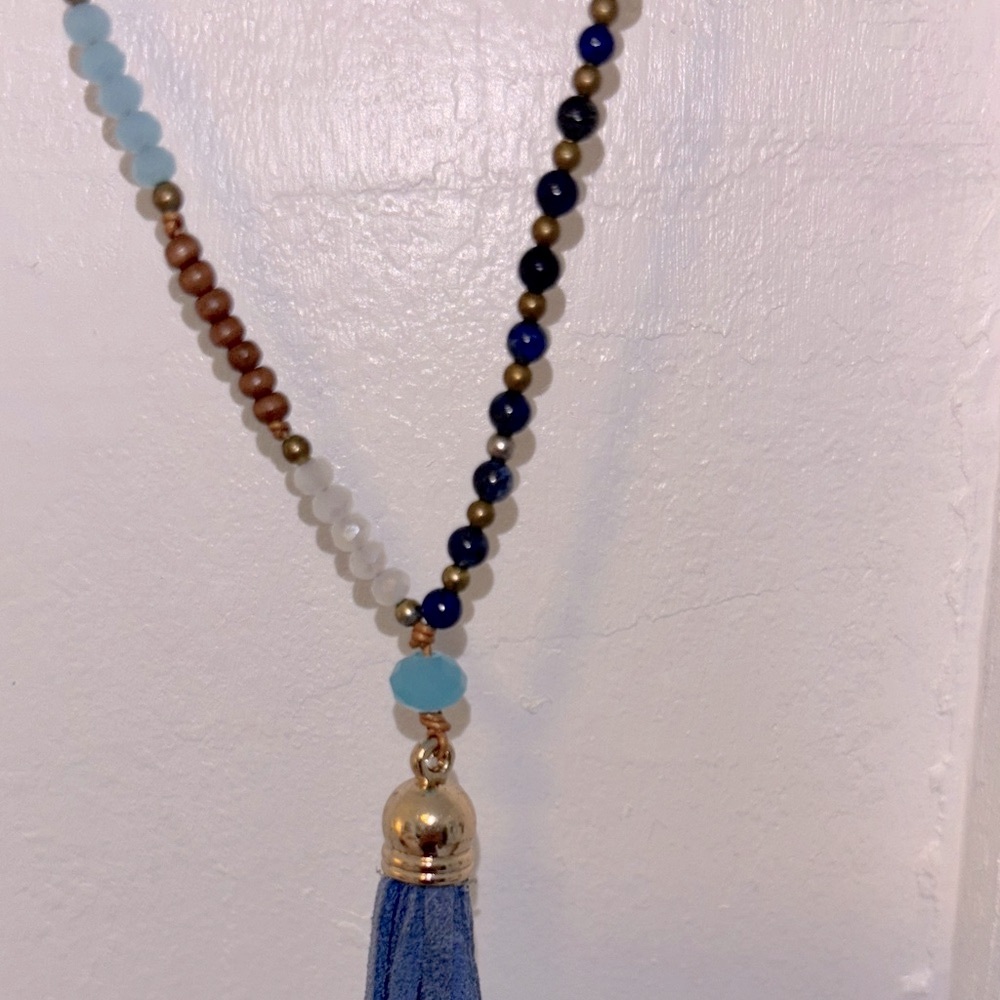 Bohemian Blue leather Tassel Beaded long Necklace brown tan white beads hippie